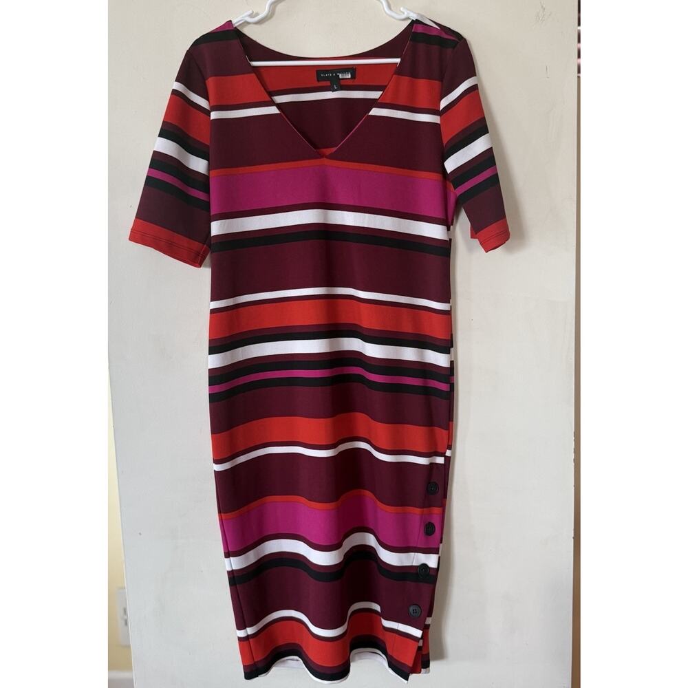 Slate & Willow Bold Striped V-Neck Midi Dress Red Multi Bodycon Sz Large EUC